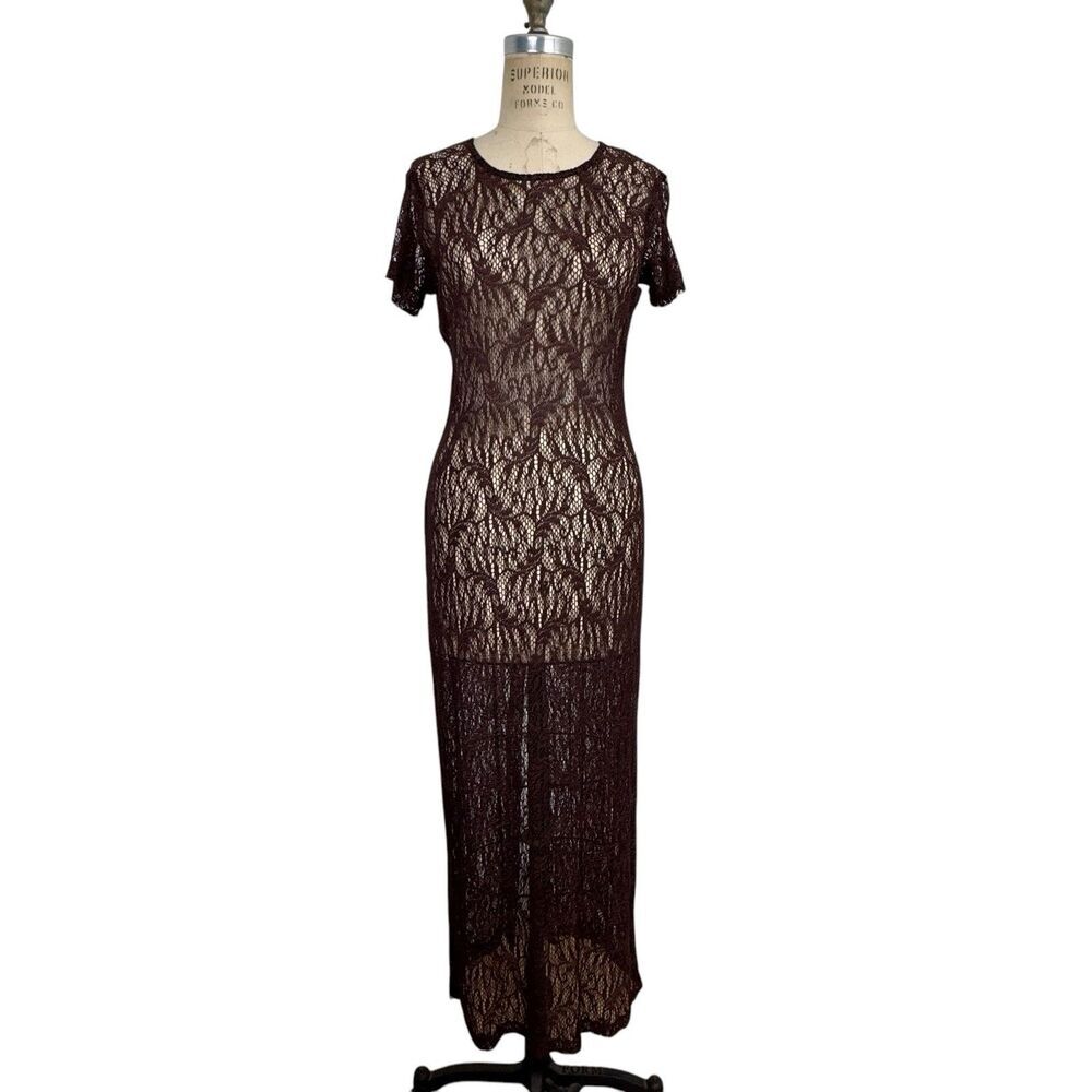 90's Brown Sheer Lace Maxi Dress Coverup M Festival Beach Boho Hippie Bodycon